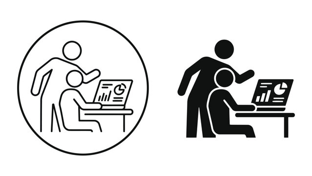 Business analyst explaining data charts on laptop to colleague icon set