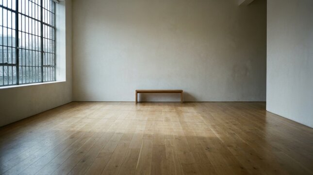 Empty loft studio with large windows and wooden floor.