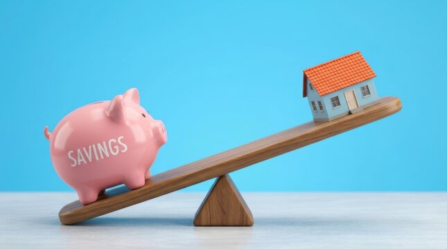 Pink piggy bank balances with small house on wooden seesaw representing savings for home affordability.