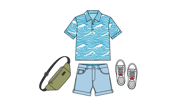 Casual summer mens outfit featuring a wave-patterned blue polo shirt, denim shorts, a fanny pack, and sneakers.