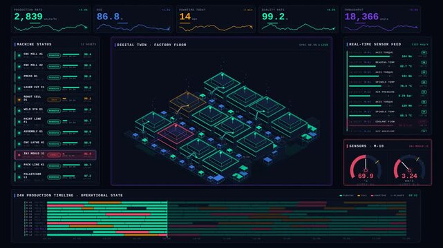 Explore a 4K digital twin operations dashboard featuring a dark-mode isometric factory layout with animated data panels and vibrant machine status indicators.