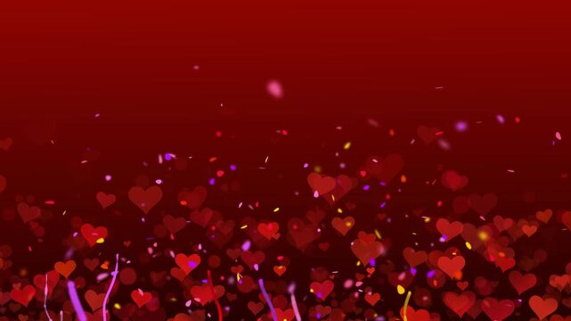 Romantic animation with video red hearts rising colorful light trails against deep crimson background romantic atmosphere soft glow gentle upward motion