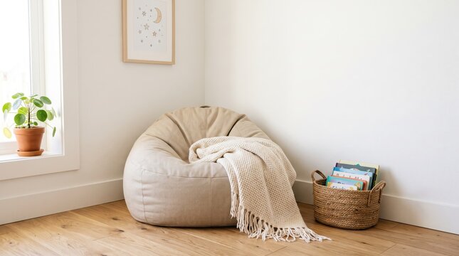 Cozy reading corner with beige bean bag chair and knitted blanket in bright minimalist room, featuring potted plant on windowsill and basket of children books for relaxation