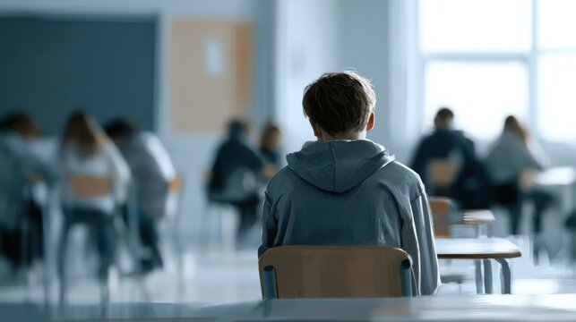 A lone student facing away from the camera sits in a classroom, surrounded by other blurred students. The scene evokes a sense of isolation and introspection within a school setting