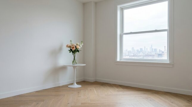 Empty room with a vase of flowers on a small table near a large window.