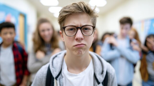 A young boy with glasses looking upset and frowning in a school hallway, surrounded by other students