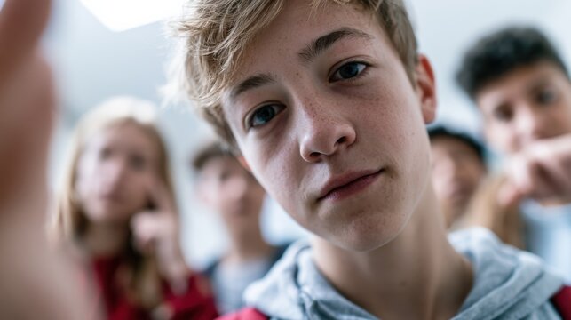 A close-up, low-angle shot of a young boy looking directly into the camera, with a group of other children blurred in the background. The boy has blonde hair and appears to be in a school hallway.