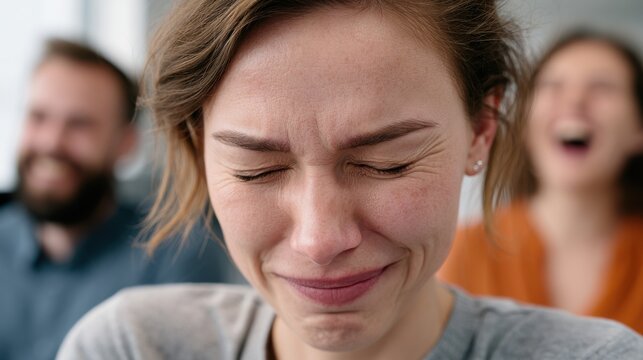 A woman cries with her eyes closed, while in the background two people laugh, possibly at her expense. This image conveys a complex emotional scene