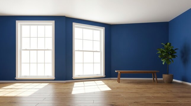 Empty room with blue walls and large windows letting in sunlight.