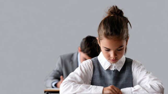 A young girl with her hair tied in a bun, wearing a school uniform, is looking down at her desk with concentration. Another student is visible in the blurred background