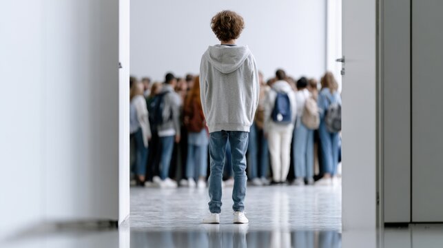 A young student stands alone in the hallway, facing away from the camera, while a blurred crowd of classmates gathers behind. The student is wearing a grey hoodie and blue jeans.