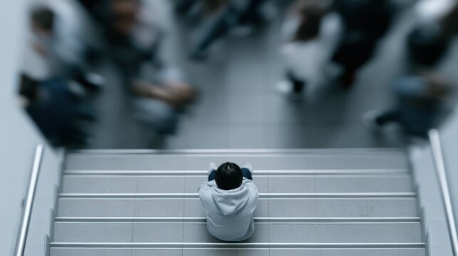 A lonely person sitting on stairs, feeling isolated from the blurred crowd around them. The scene evokes a sense of solitude and disconnection amidst a bustling environment