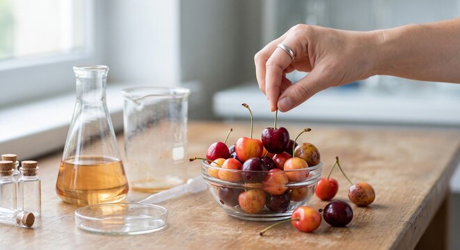 Hand picking a cherry from a bowl next to laboratory glassware