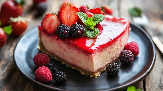 A slice of cheesecake topped with strawberries, raspberries, blackberries, and mint sits on a plate in a cafe while people enjoy their day
