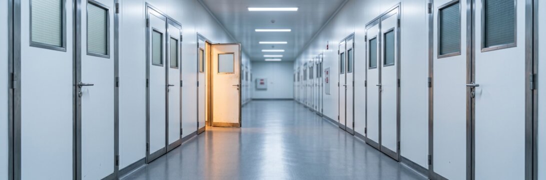 Long sterile laboratory hallway with one open door