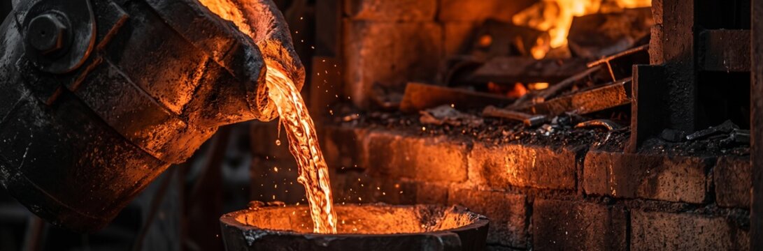 Pouring Bright Molten Metal in a Hot Foundry