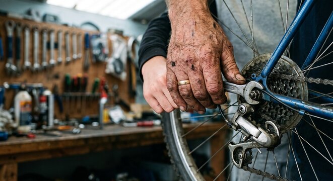 Greasy Mechanic Hands Fixing a Bicycle Derailleur with a Wrench