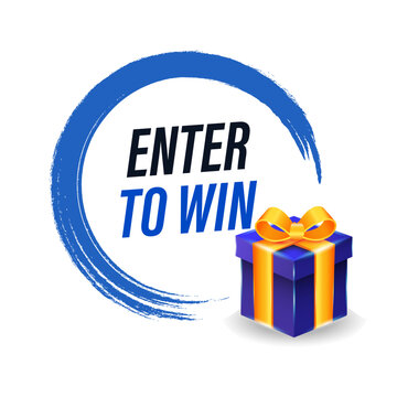 Circular brush stroke enter to win giveaway banner template with blue present box vector design