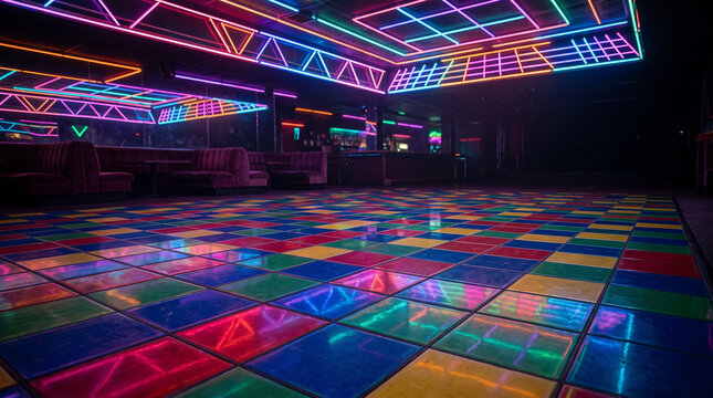 Empty Colorful Neon Dance Floor in a Retro Nightclub