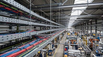 Fototapeta premium Industrial ceiling cable trays with electrical wiring in a modern manufacturing factory.