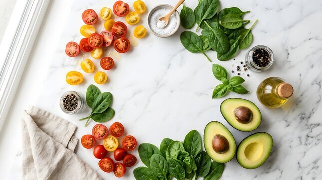 Flat lay of fresh avocado, cherry tomatoes and spinach on white marble with copy space