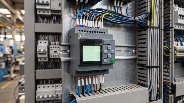 Smart PLC relay controller installed in an industrial electrical control cabinet panel.