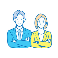 Fototapeta premium 正面を向いて腕組みをする男女のビジネスパーソン 上半身イラスト