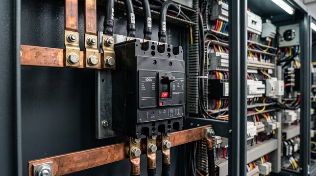 Industrial circuit breaker in electrical power distribution panel with copper busbars