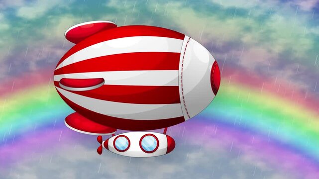 Cartoon Red and White Striped Blimp Flying Past Rainbow in Rain