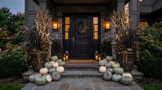 Autumn front porch decorated with pumpkins and lanterns for fall season home exterior