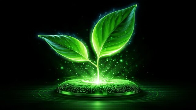 Glowing green two-leaf plant emerges from circuit board base