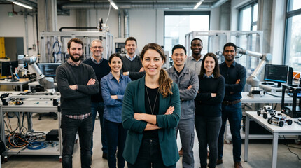 Fototapeta premium Robotics engineer leads diverse automation team in modern laboratory, showcasing robotics, artificial intelligence, mechatronics, engineering innovation and collaborative technology development.