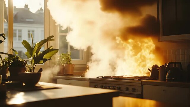 A kitchen fire erupts with smoke and flames near plants and cookware during daylight hours in an apartment
