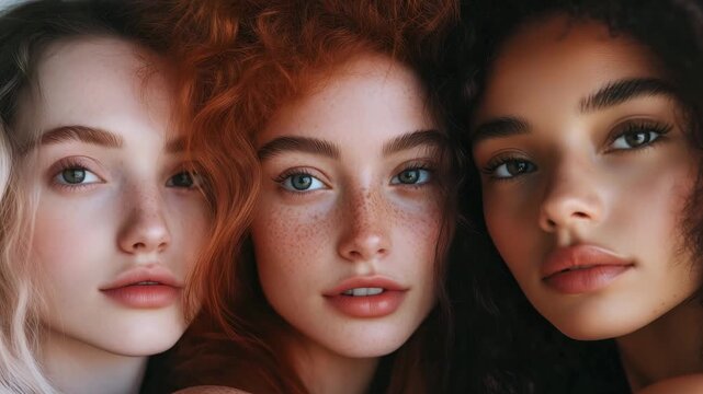 Three women with various hair colors and styles pose together in a close up shot featuring natural makeup and diverse beauty