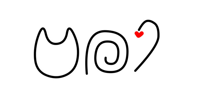 Minimalist cat line art vector illustration with heart and spiral tail