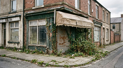 Fototapeta premium Old Abandoned Corner Store Front with Weathered Awning and Overgrown Vegetation