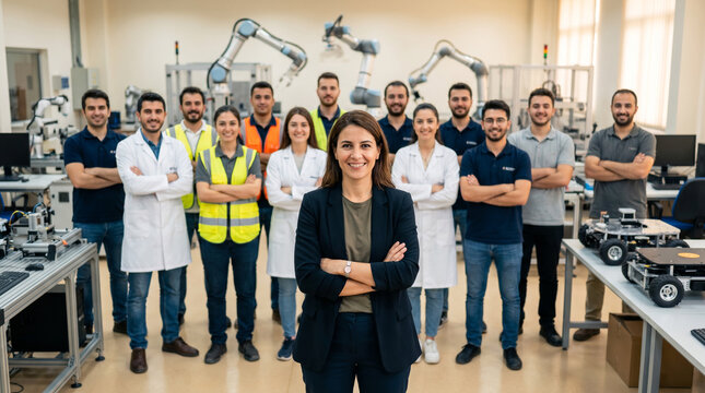 Robotics engineer leads diverse automation team in modern laboratory, showcasing robotics, artificial intelligence, mechatronics, engineering innovation and collaborative technology development.