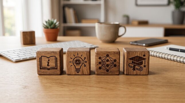 Artificial Intelligence in Education Concept with Wooden Blocks Showing AI and Learning Icons on Study Desk
