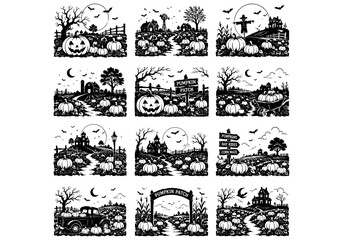 Obraz premium Set of twelve black and white halloween pumpkin patch illustrations with haunted houses and spooky night landscapes