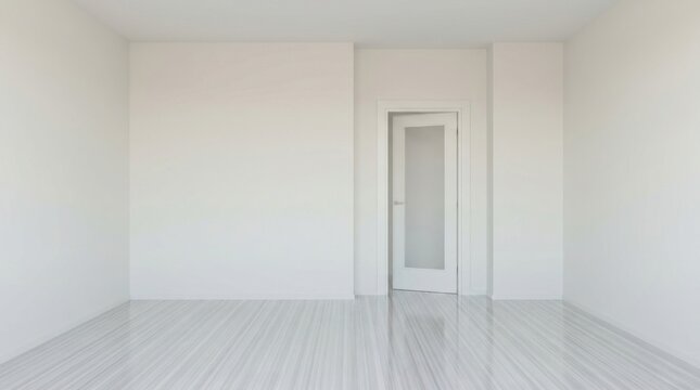 Empty white room with a single door and tiled floor.
