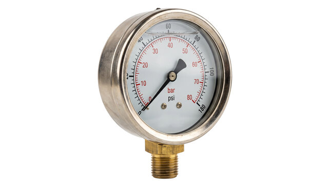 Industrial pressure gauge with stainless steel housing, analog manometer for bar and psi measurement, hydraulic pressure meter on white background