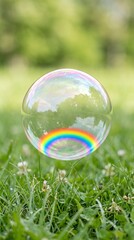 Obraz premium Rainbow bubble floating on green grass with reflections of trees and sky