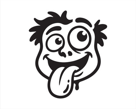 Black and white hand drawn illustration of a funny cartoon character face with a silly expression