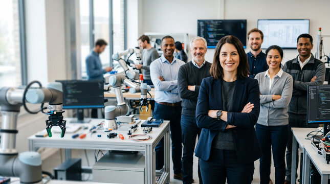 Robotics engineer leads diverse automation team in modern laboratory, showcasing robotics, artificial intelligence, mechatronics, engineering innovation and collaborative technology development.