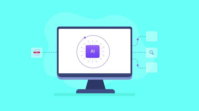 Modern flat vector animation showing a computer monitor with an artificial intelligence interface and connected document, search, data, and report icons, representing AI technology, document analysis,
