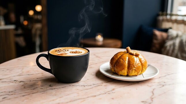 Steaming coffee cup and pumpkin pastry on a marble table in a cozy cafe setting