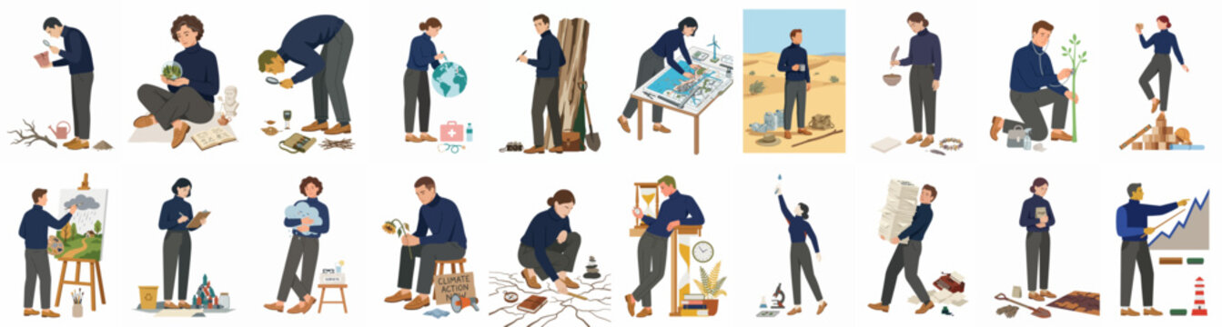 Set of vector character illustrations showing a man engaging in different activities like research, planting trees, map reading, and scientific study.