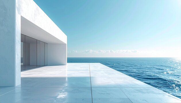 Modern minimalist luxury villa concrete terrace overlooking the blue ocean under a clear sky