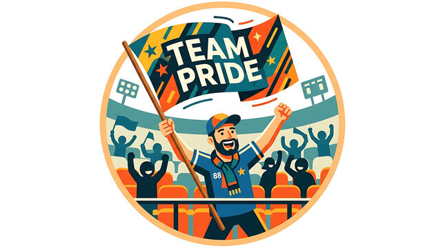 Excited sports fan holding a flag with the text Team Pride in a crowded stadium