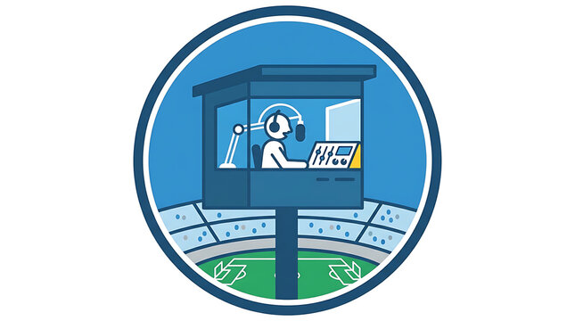 Graphic illustration of a sports commentator working in a broadcast booth overlooking a stadium field